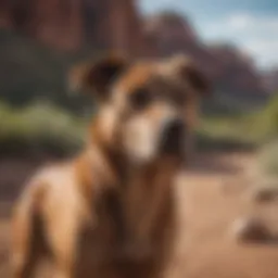 A picturesque view of an Arizona landscape with various dog breeds.
