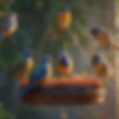 A group of colorful songbirds on a feeder