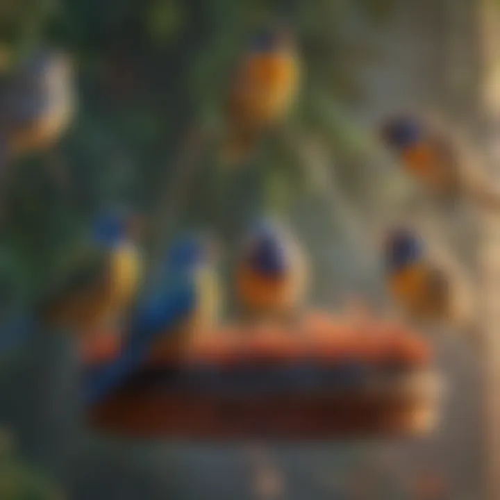 A group of colorful songbirds on a feeder