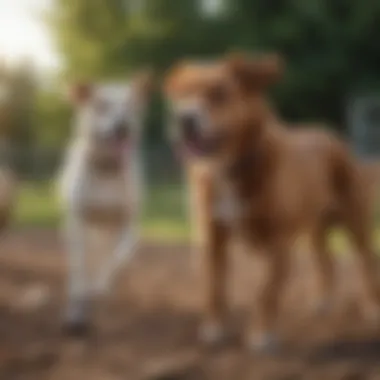 A diverse group of dogs engaging in playful activities at a dog park