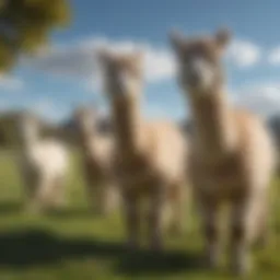 A serene pasture with a group of alpacas grazing under a clear blue sky