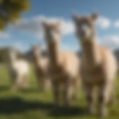 A serene pasture with a group of alpacas grazing under a clear blue sky