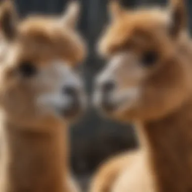 Alpacas interacting with each other, displaying their social behavior