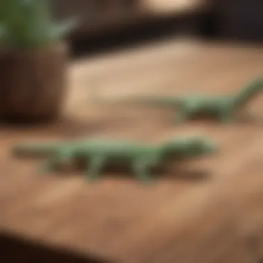Synthetic gecko repellent sprays arranged on a wooden table