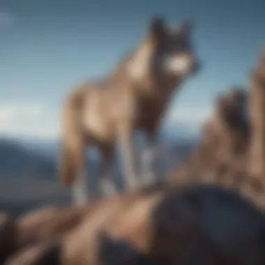 A majestic wolf standing atop a rocky outcrop under a clear blue sky