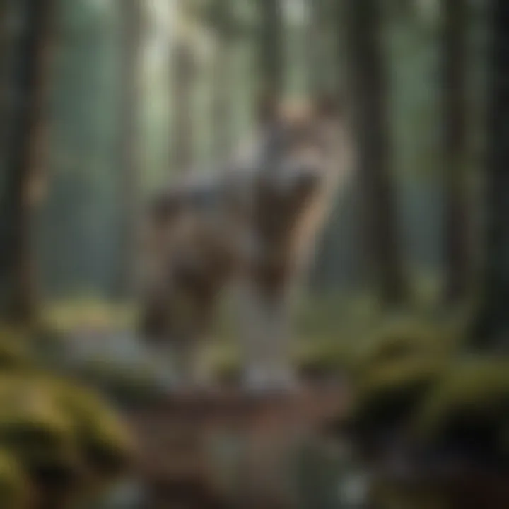 A serene landscape illustrating the habitat of wolves surrounded by lush forests