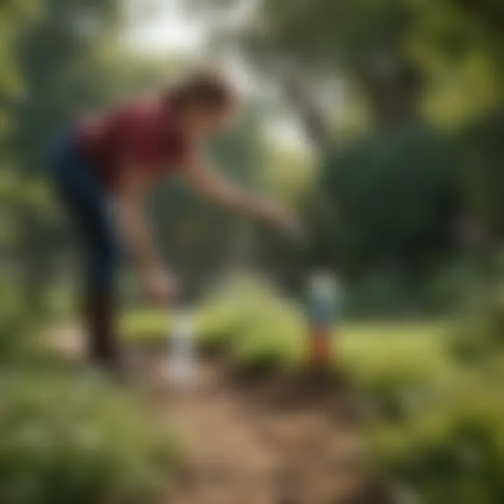 A homeowner applying tick spray in the garden