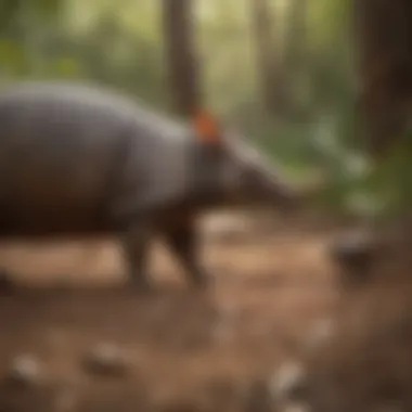 An armadillo interacting with local wildlife, illustrating its role in the ecosystem.