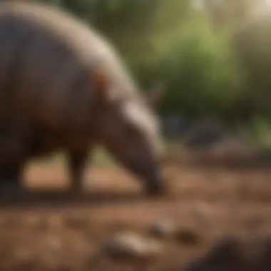 An armadillo foraging for food in the soil, highlighting its diet and ecological role.