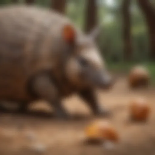 A close-up of an armadillo in its natural habitat showcasing its unique shell structure.