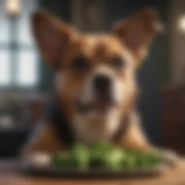 Healthy dog enjoying a piece of broccoli as a treat