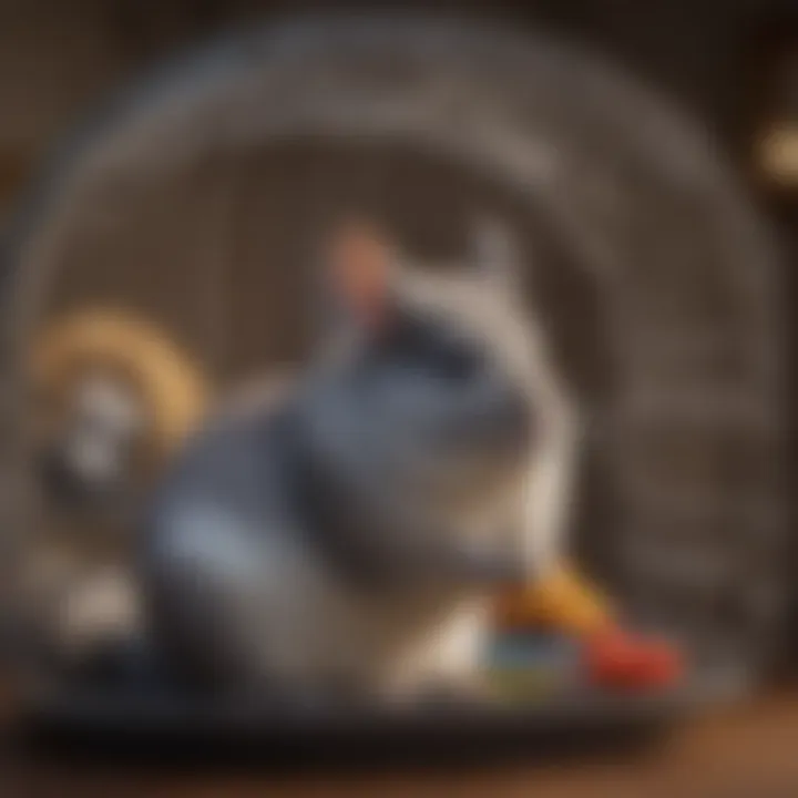 Variety of chew toys and accessories in a chinchilla cage