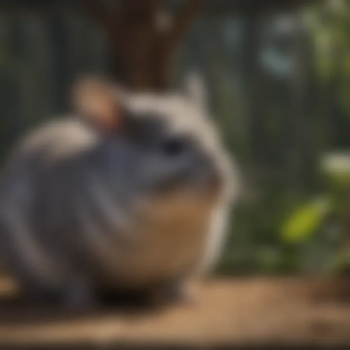 Chinchilla enjoying a natural habitat simulation inside a cage