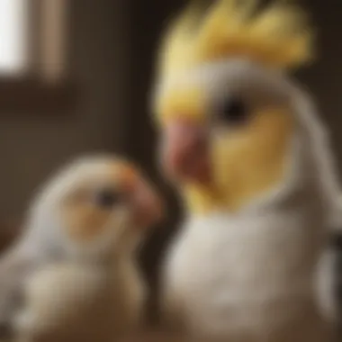 Cockatiel and Child Interaction A close-up of a cockatiel interacting playfully with a child