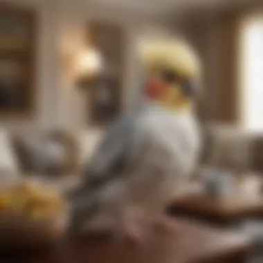 Cockatiel in a Cozy Living Room An elegant cockatiel in a cozy living room environment