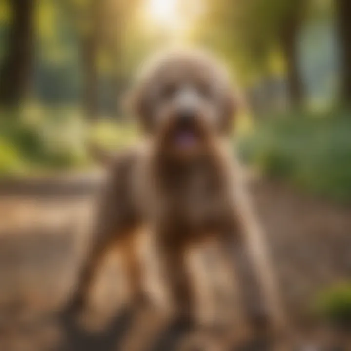 A playful Australian Labradoodle in a vibrant park setting, exhibiting its energetic nature.