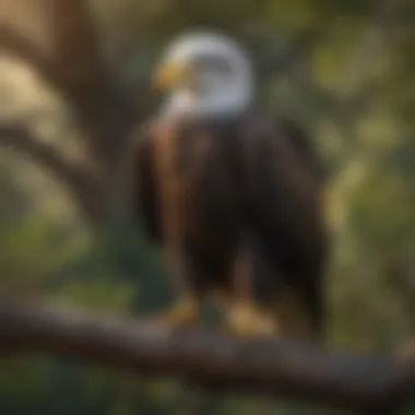 A majestic bald eagle perched on a tree branch overlooking its habitat.