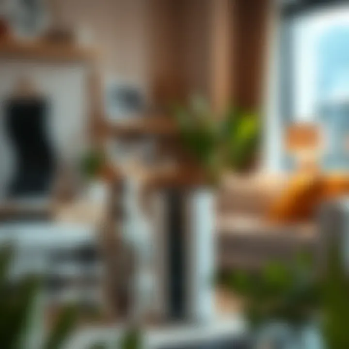 A sleek air purifier in a stylish apartment with a pet