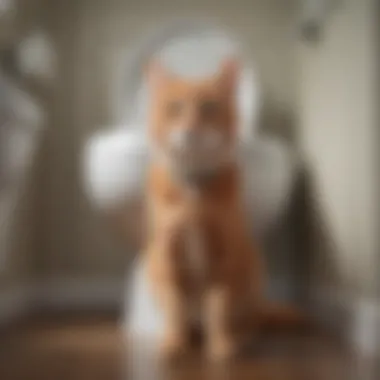 Illustration showing a cat's behavioral adaptation to toilet training.