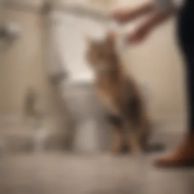A cat owner guiding their pet through the toilet training process.