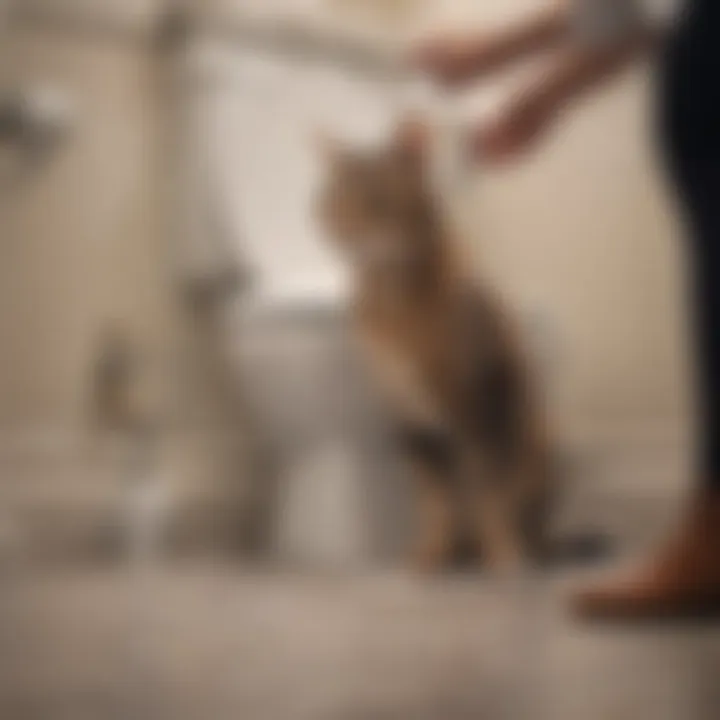 A cat owner guiding their pet through the toilet training process.
