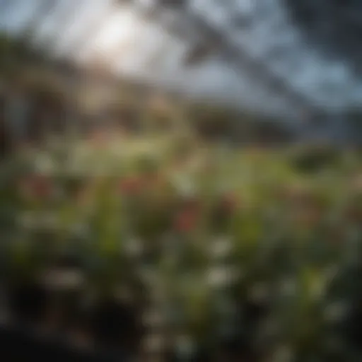 An advanced LED grow light illuminating a variety of plants in a greenhouse setting.