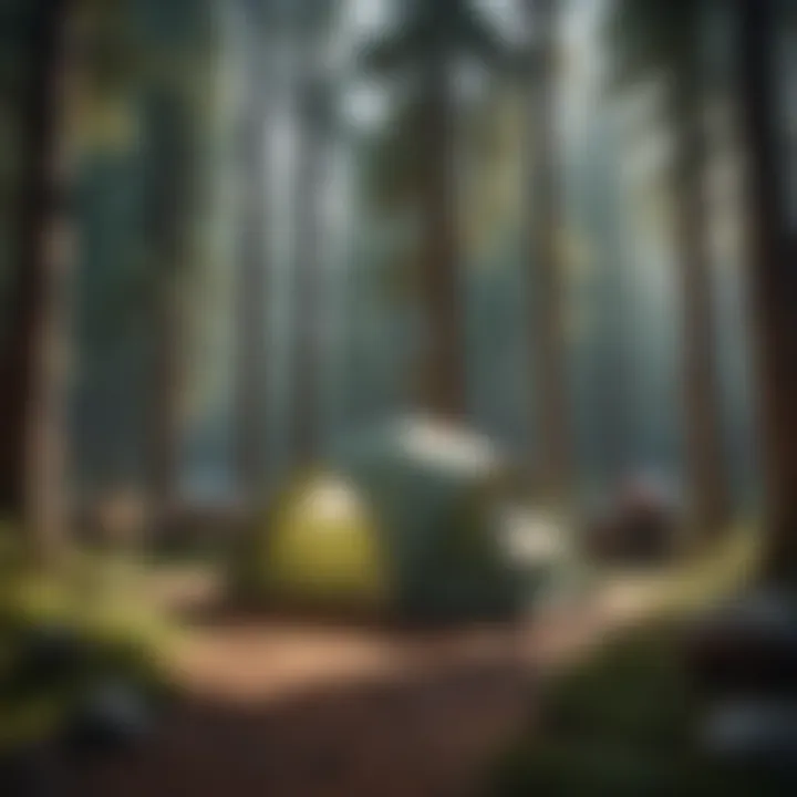 Lush forest campsite surrounded by tall pine trees