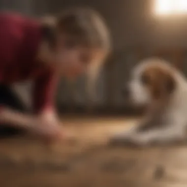 A pet owner engaging in training exercises with a dog to reduce anxiety.