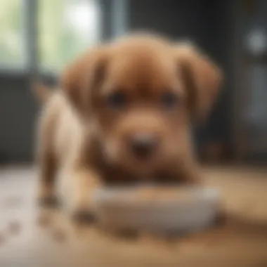 Puppy Curiosity and Kibble Choices An adorable puppy curiously sniffing a bowl of kibble.