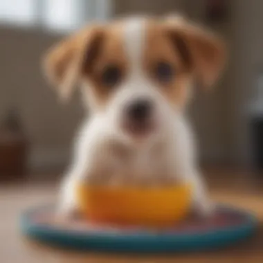 Enjoying Kibble: A Happy Puppy A puppy happily eating kibble from a bowl placed on a colorful mat.
