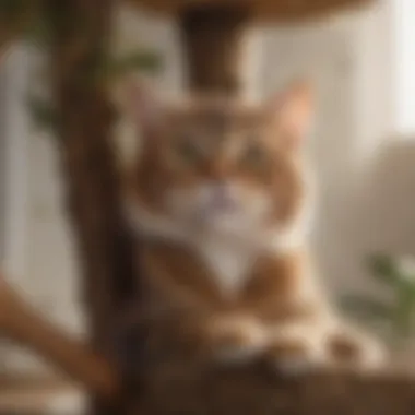 A close-up of a small cat tree showcasing soft materials and cozy napping spots