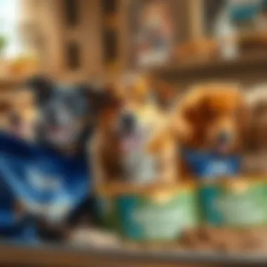 Blue Brand Dog Food for Various Breeds Illustration of different dog breeds enjoying Blue Brand Dog Food