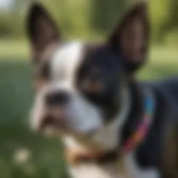 A playful Boston Terrier mix with a colorful coat