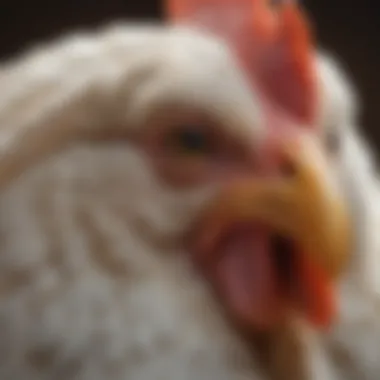 Close-up of Brahma Light chicken's eyes, highlighting its distinctive features.