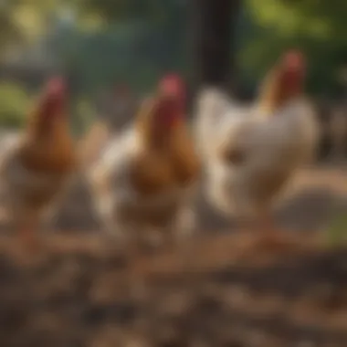 A serene farm setting with Brahma Light chickens roaming freely in their habitat.