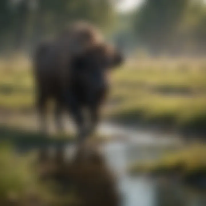 A serene landscape featuring water buffalo grazing in a lush wetland.