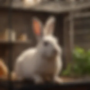 Interior view of a multi-level bunny cage with enrichment features