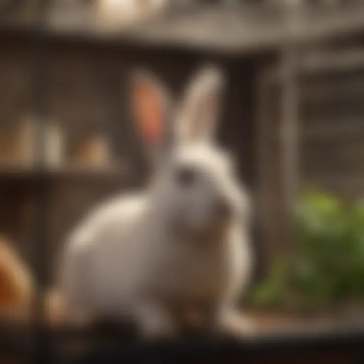 Interior view of a multi-level bunny cage with enrichment features