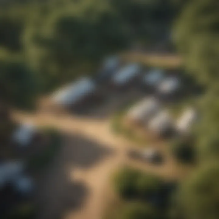 Bird's eye view of a lush campground with tents and picnic areas