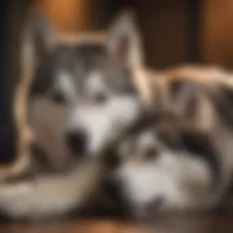Siberian Husky with a calm demeanor laying beside its owner
