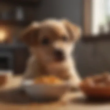 A happy puppy enjoying a bowl of chicken
