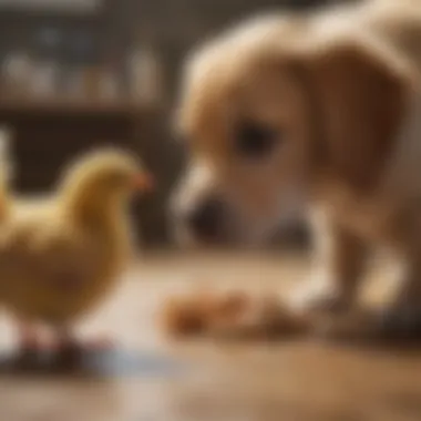 A veterinarian examining a puppy with a chicken diet