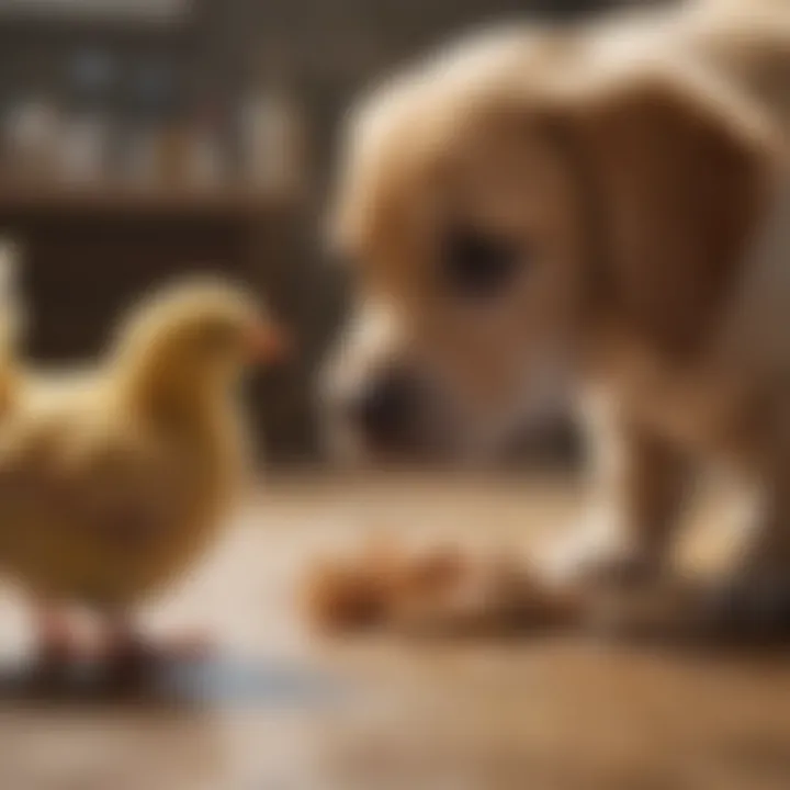A veterinarian examining a puppy with a chicken diet