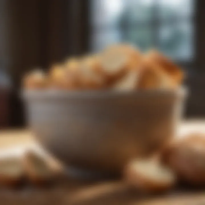 A bowl filled with bread crust pieces for dogs.