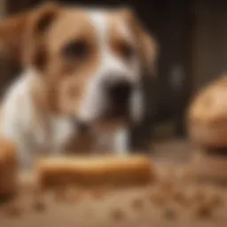 A curious dog looking at a piece of bread crust.