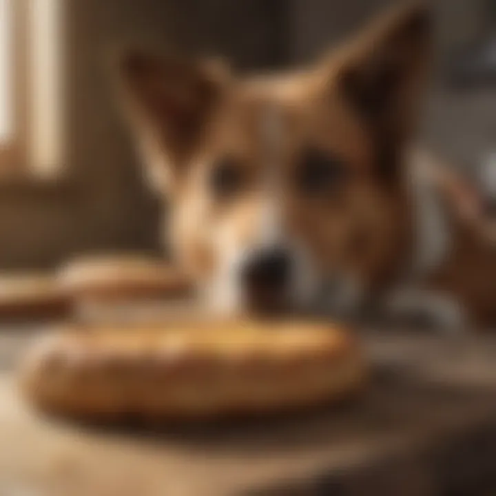 A dog enjoying a healthy meal with bread crust included.