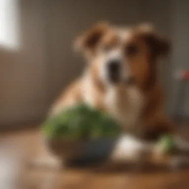 Broccoli displayed alongside a dog's bowl