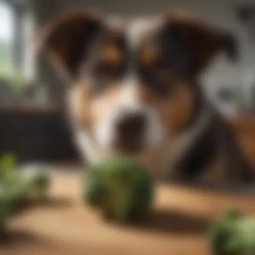 A dog curiously looking at a piece of broccoli