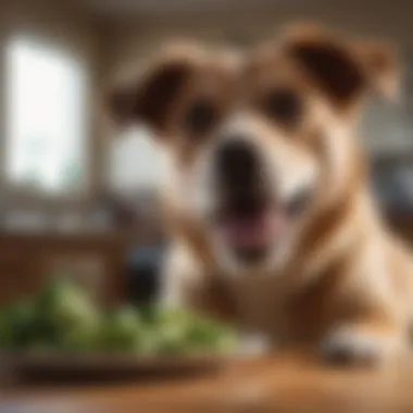 A dog happily eating a small piece of broccoli