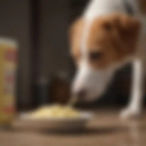 A curious dog sniffing a bowl of mayonnaise